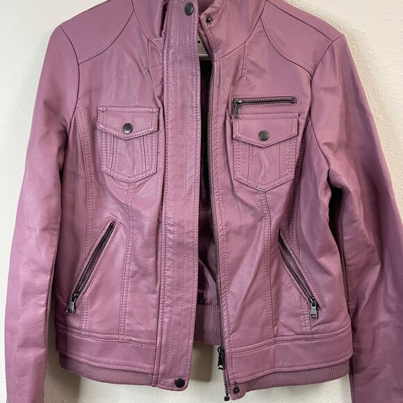 Womens Mauve Faux Leather Jacket With Zipper Pockets & Snap Closures Size S - Picture 3 of 10